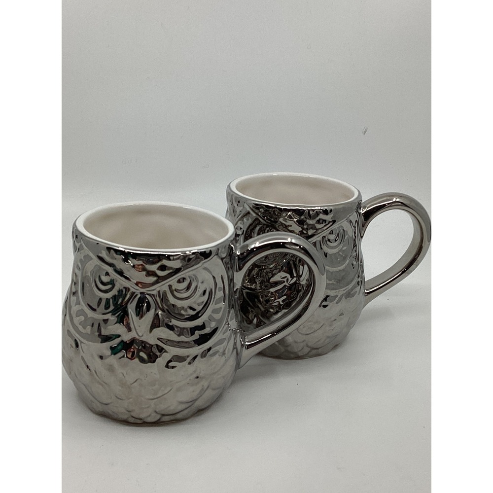 Artistic Accents Silver Chrome Owl Coffee Mugs Set of 2 Metallic Ceramic Cups